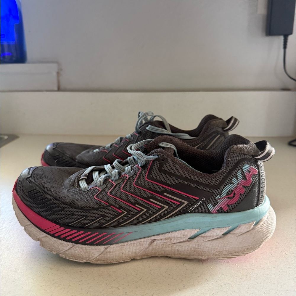 Hoka Gray and Pink Athletic Shoes with Cushioned Sole